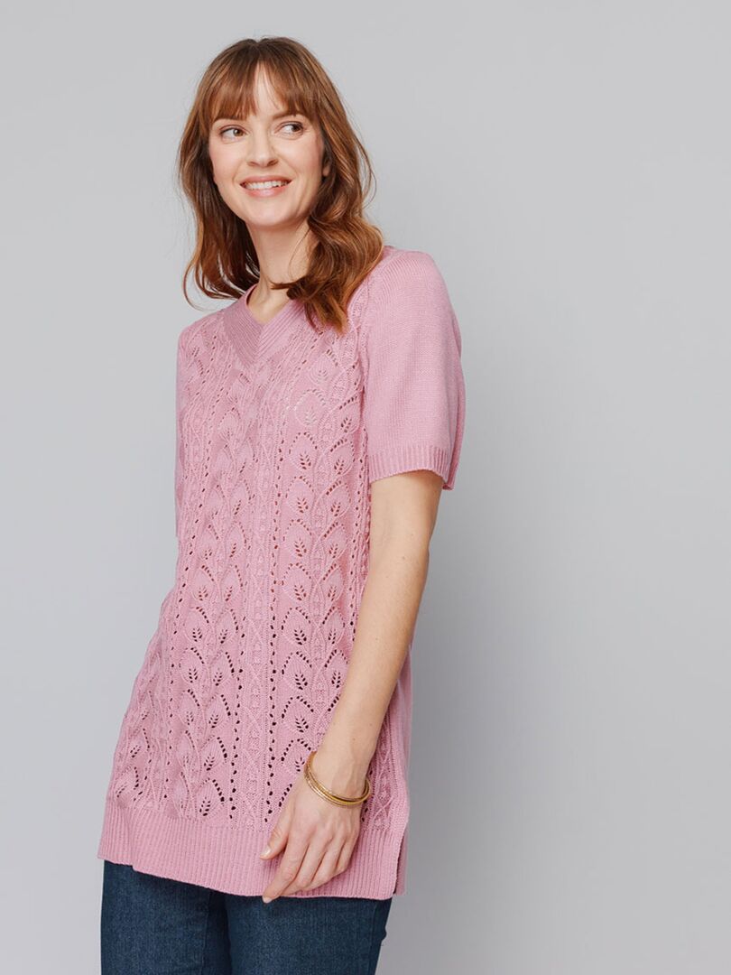 Pull Tunique Rose à Motifs Noirs - Taille L, Matière Laine/acrylique, Occasion Très Bon état