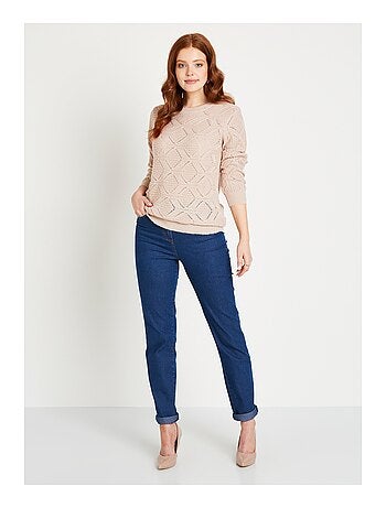 Pull tunique mi long uni col rond maille ajourée - Afibel