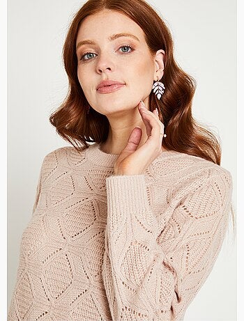 Pull tunique mi long uni col rond maille ajourée - Afibel