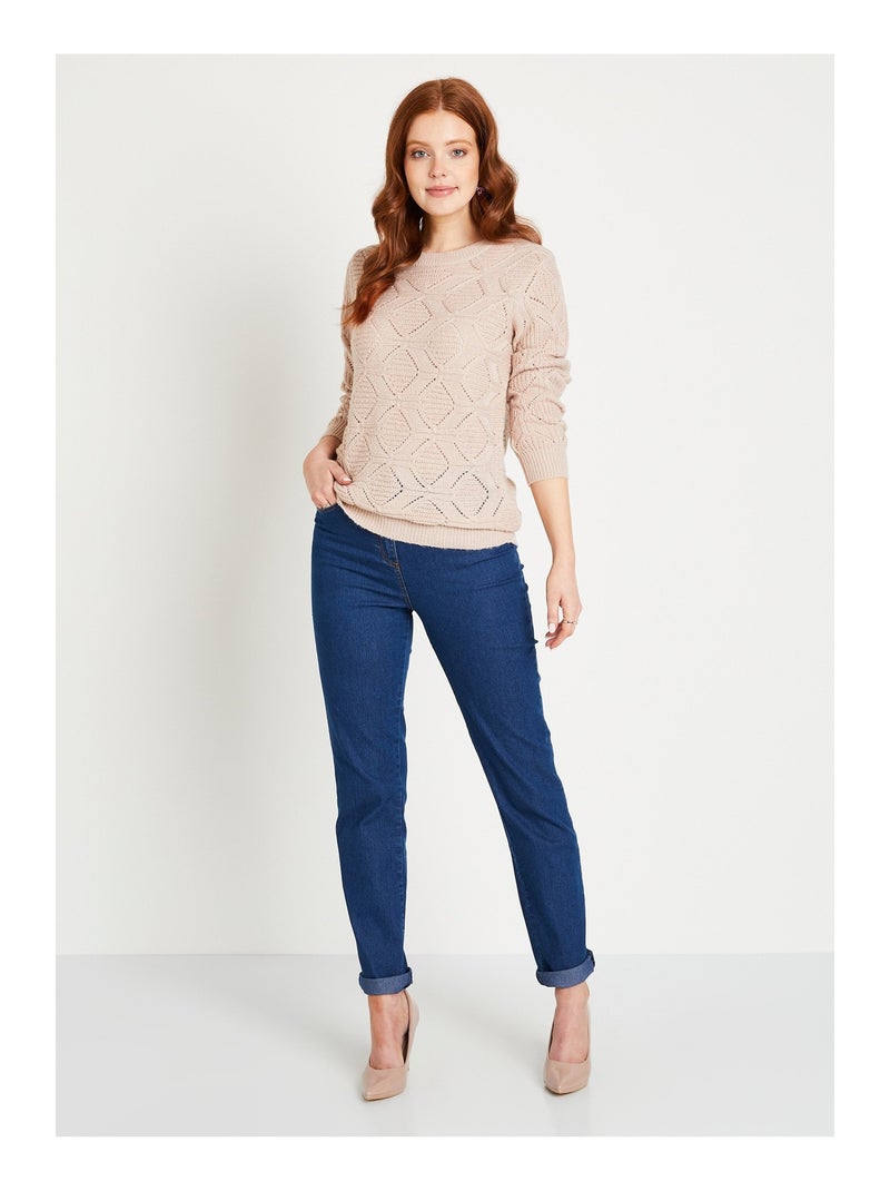 Pull tunique mi long uni col rond maille ajourée - Afibel Beige - Kiabi