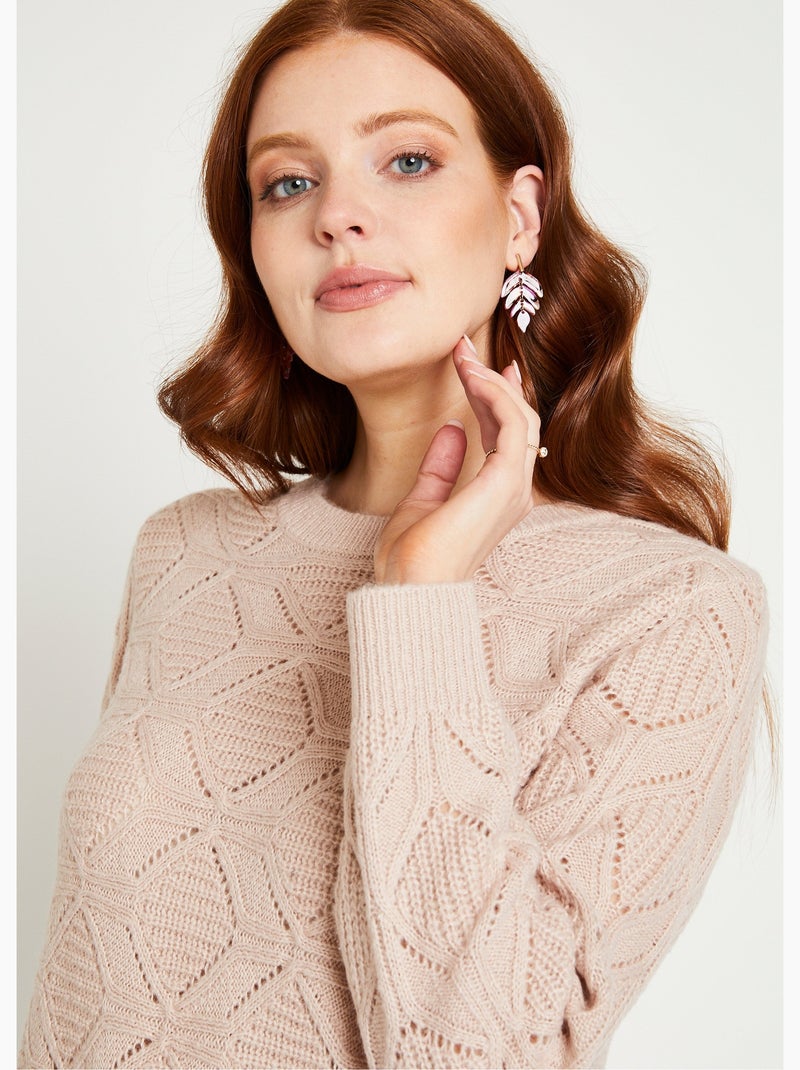 Pull tunique mi long uni col rond maille ajourée - Afibel Beige - Kiabi