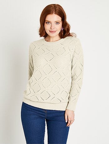 Pull tunique mi long uni col rond maille ajourée - Afibel