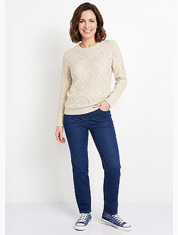 Pull tunique mi long uni col rond maille ajourée - afibel