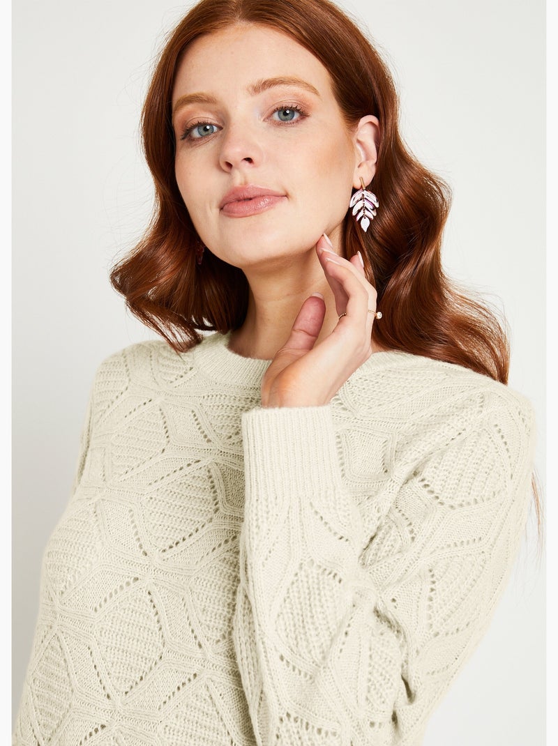 Pull tunique mi long uni col rond maille ajourée - Afibel Ecru - Kiabi
