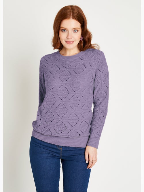 Pull tunique mi long uni col rond maille ajourée - Afibel - Kiabi