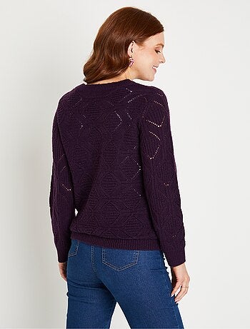 Pull tunique mi long uni col rond maille ajourée - Afibel