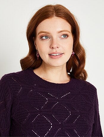 Pull tunique mi long uni col rond maille ajourée - Afibel