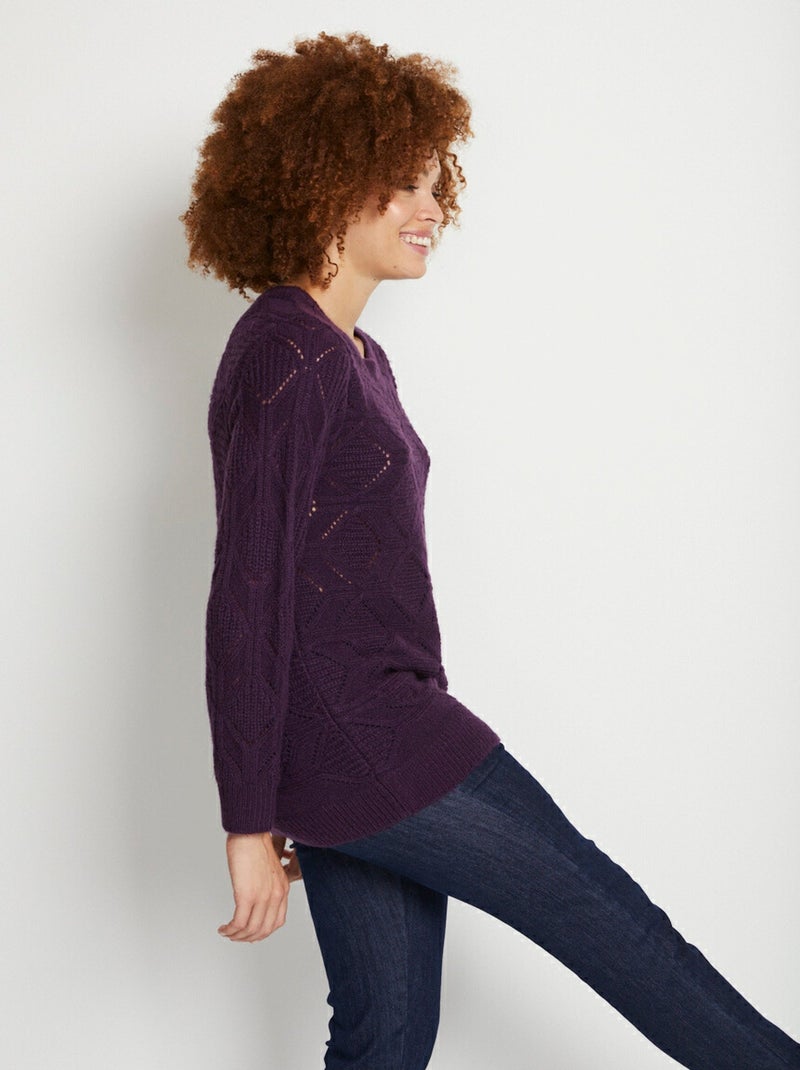 Pull tunique mi long uni col rond maille ajourée - Afibel Violet - Kiabi