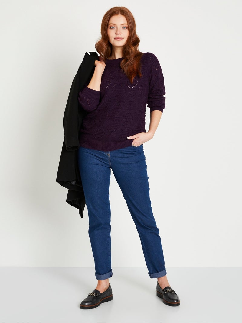 Pull tunique mi long uni col rond maille ajourée - Afibel Violet - Kiabi