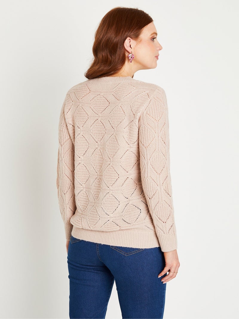 Pull tunique mi long uni col rond maille ajourée Beige - Kiabi