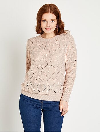 Pull tunique mi long uni col rond maille ajourée