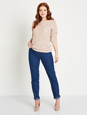 Pull tunique mi long uni col rond maille ajourée