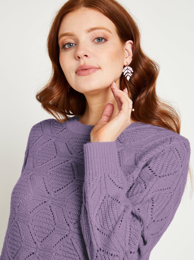Pull tunique mi long uni col rond maille ajourée Parme - Kiabi