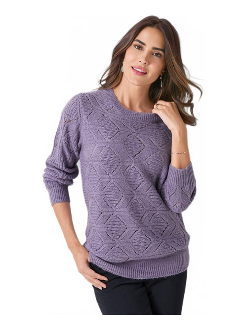 Pull tunique mi long uni col rond maille ajourée - Kiabi