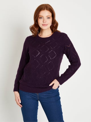 Pull tunique mi long uni col rond maille ajourée