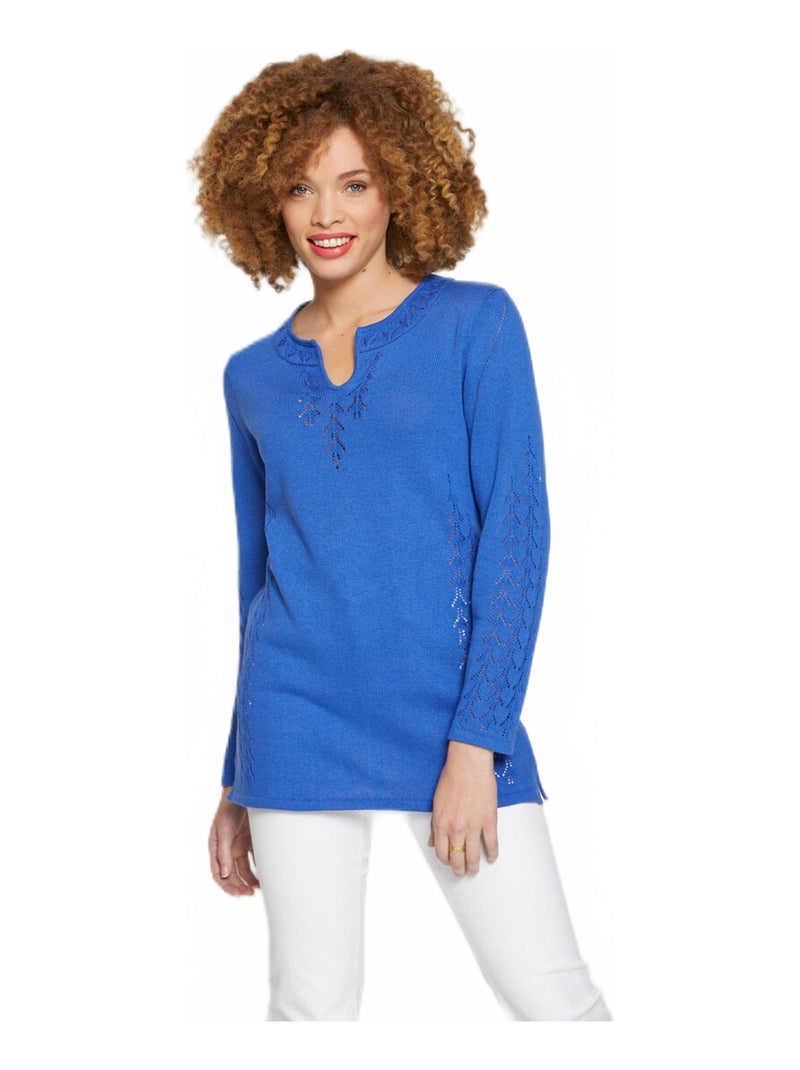 Pull-tunique motif ajouré col fantaisie Bleu - Kiabi