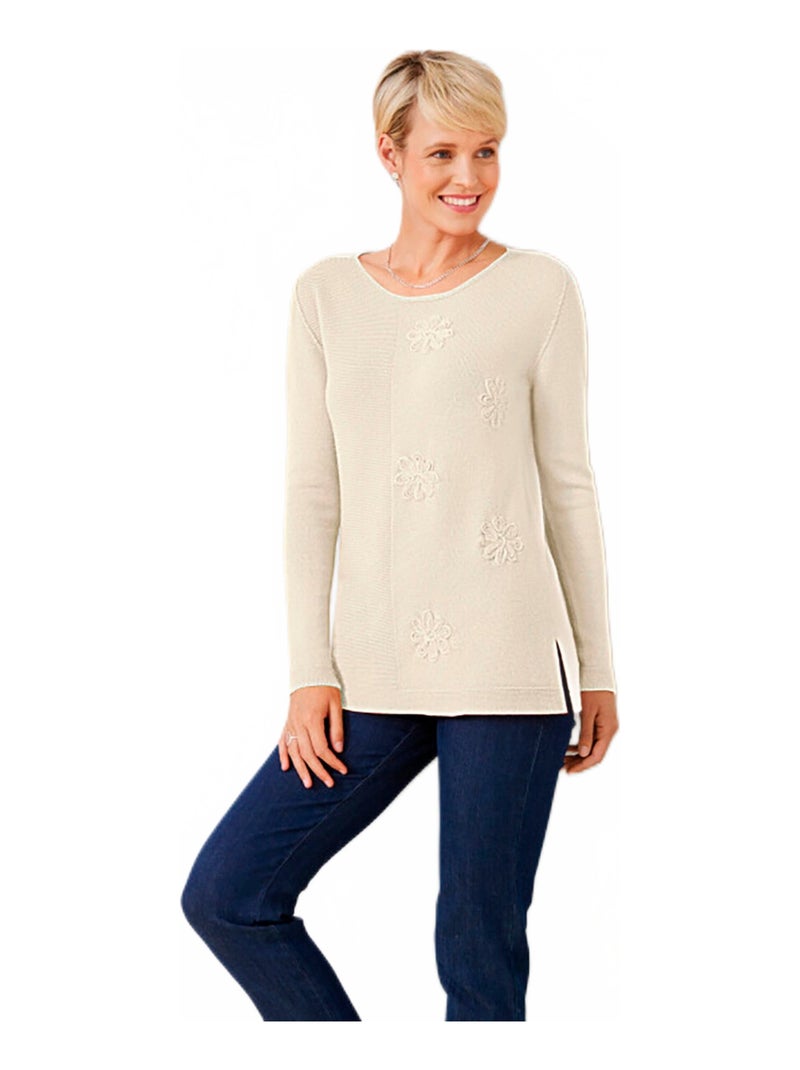 Pull-tunique point mousse et jersey brodé Beige - Kiabi