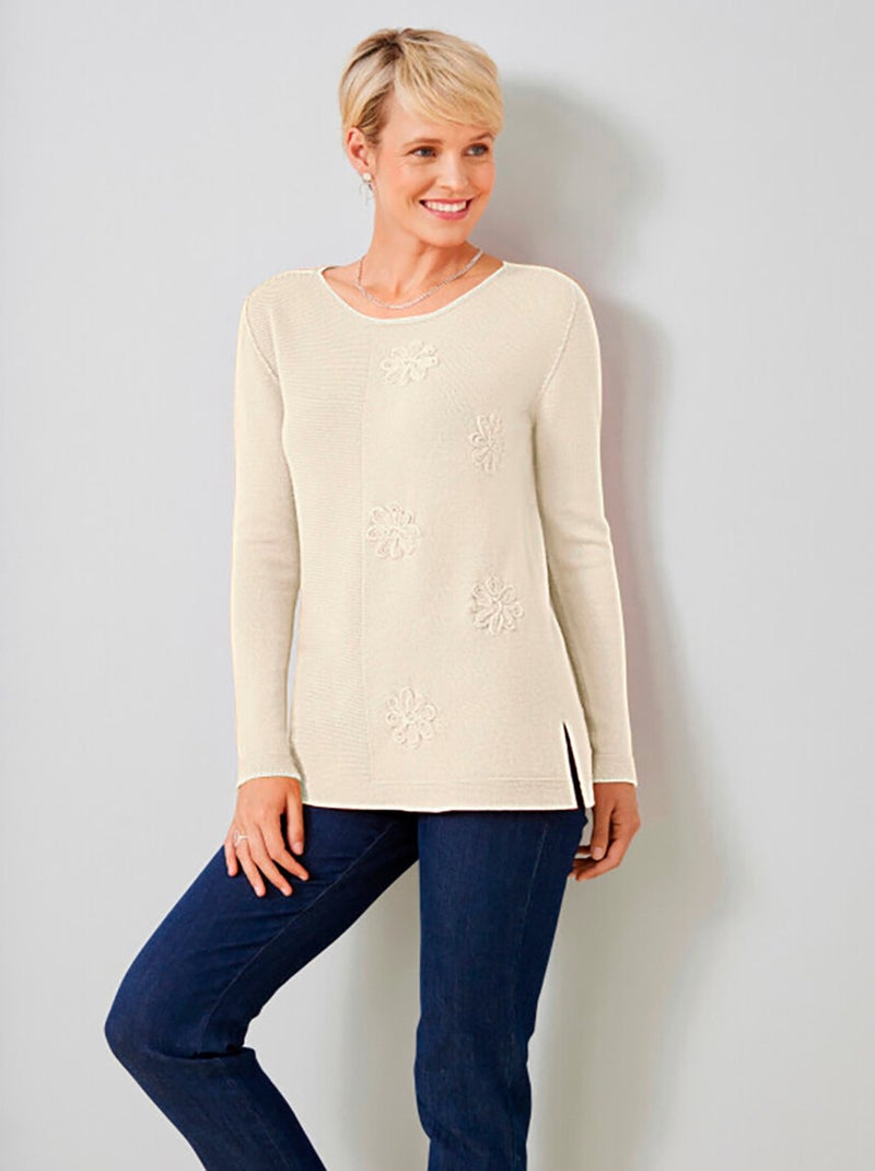 Pull-tunique point mousse et jersey brodé Ecru - Kiabi