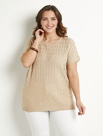 Pull-tunique tricot reliefé torsadé manches courtes