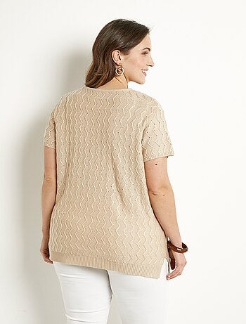 Pull-tunique tricot reliefé torsadé manches courtes