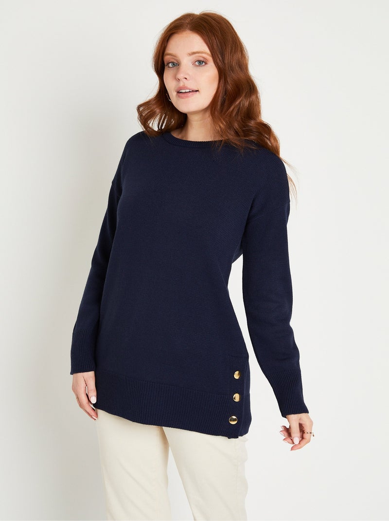 Pull tunique uni long col rond avec boutons Bleu marine - Kiabi