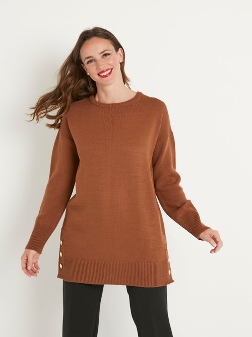 Pull tunique uni long col rond avec boutons - Kiabi
