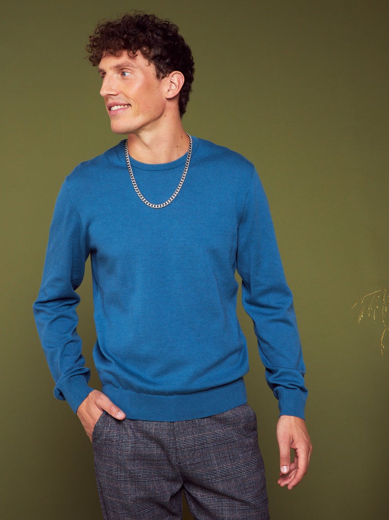 Pull uni à col rond Bleu - Kiabi