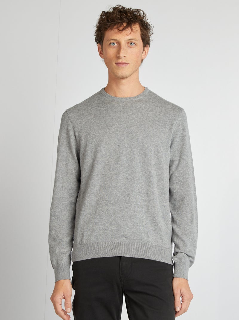 Pull uni à col rond Gris - Kiabi