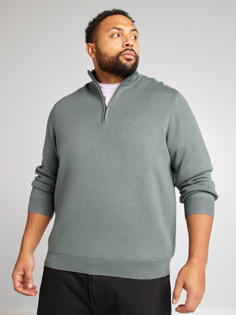Pull uni avec col camionneur zippé Vert - Kiabi