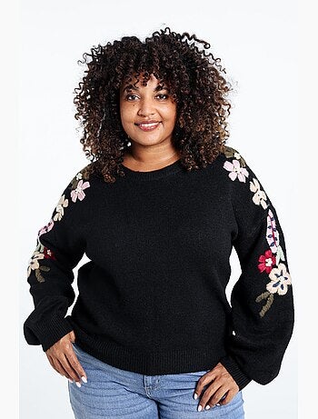 Pull uni avec manches détail broderies PAPRIKA