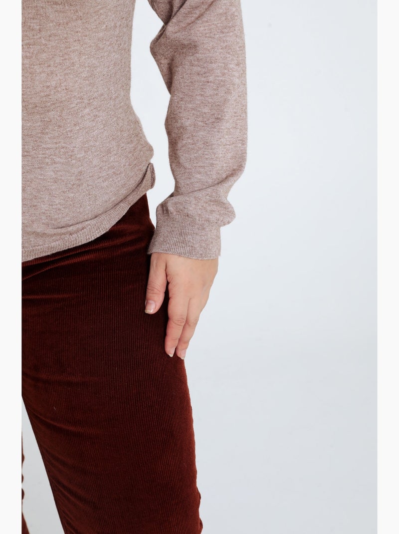 Pull uni beige col V manches longues Beige - Kiabi