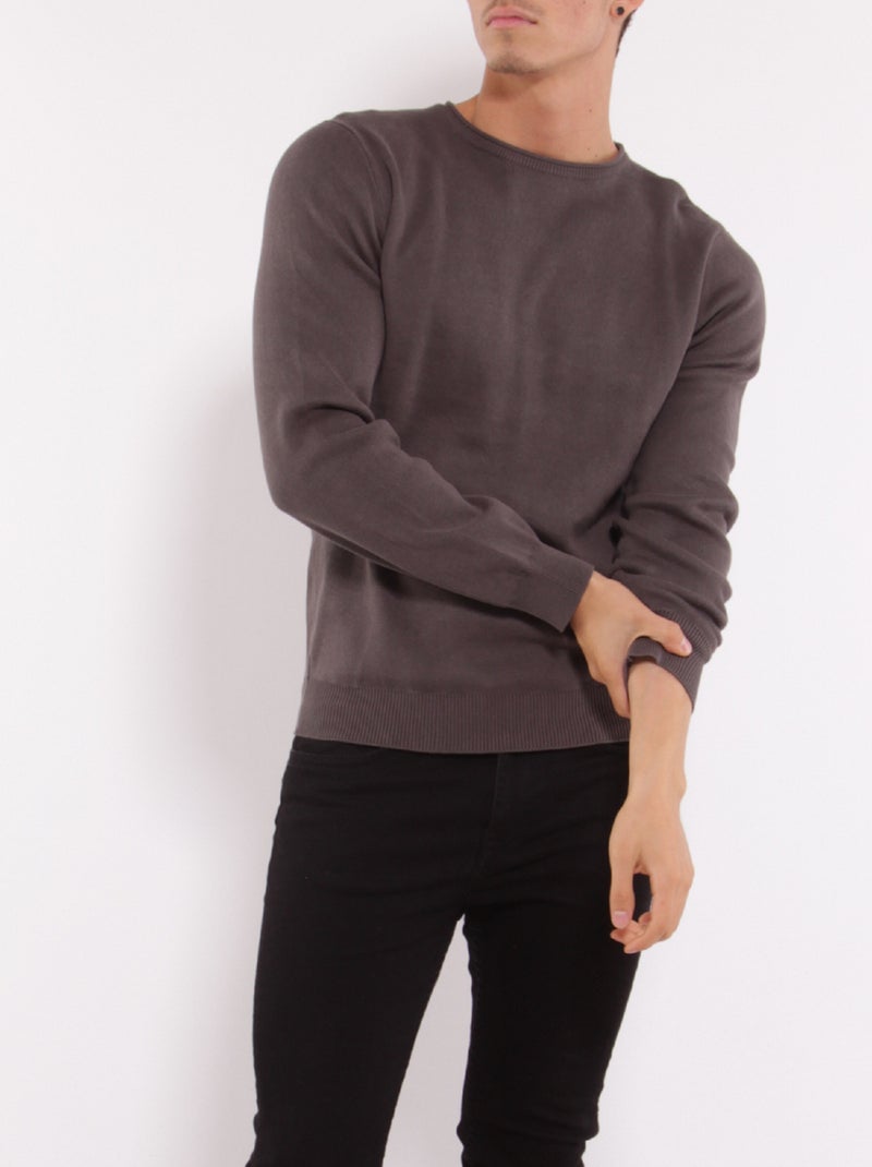 Pull uni col rond gris anthracite - Kiabi