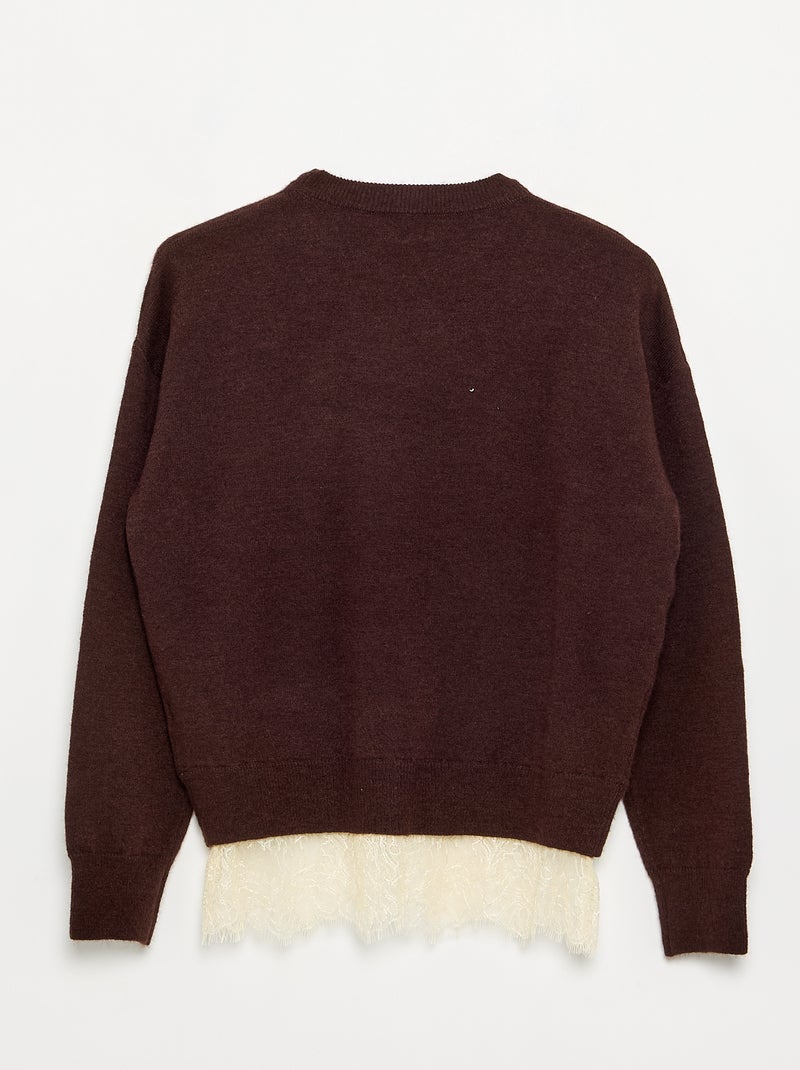 Pull uni en fine jauge avec base dentelle Marron - Kiabi