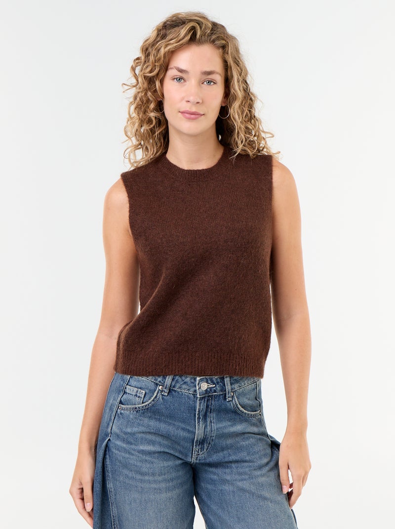 Pull uni en maille chaude sans manches Marron - Kiabi