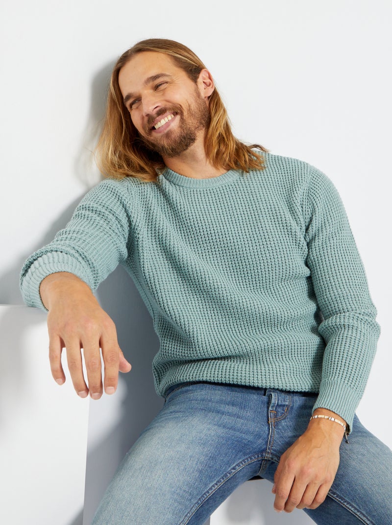 Pull uni en maille texturée Bleu vert - Kiabi