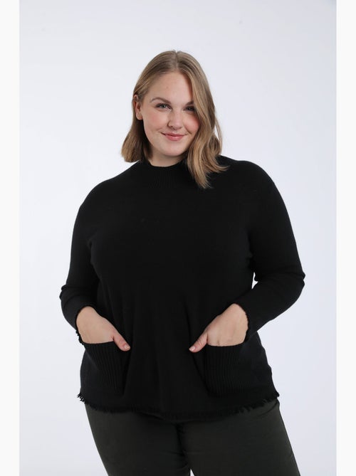 Pull uni en viscose avec col montant, manches longues et franges - Kiabi