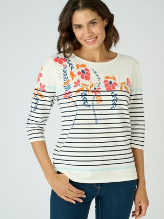 Pull uni et rayé imprimé floral - Damart
