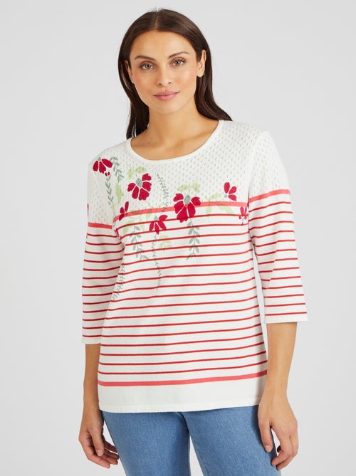 Pull uni et rayé imprimé floral - Damart - Kiabi