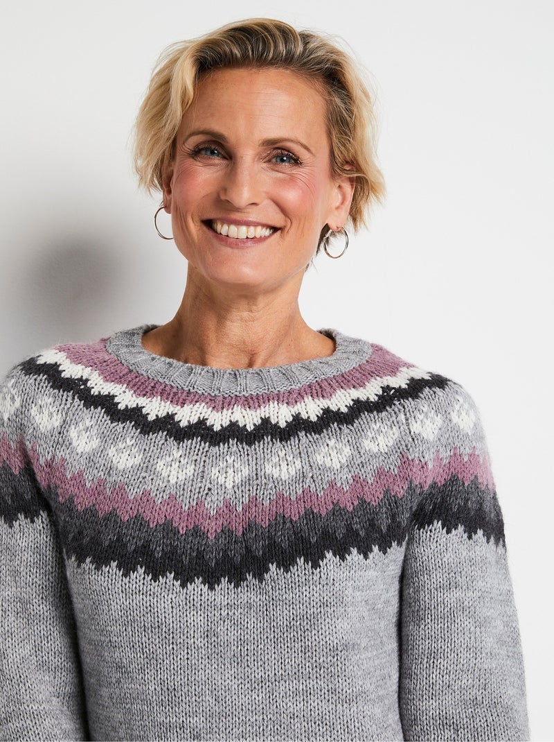 Pull uni jacquard placé Gris - Kiabi