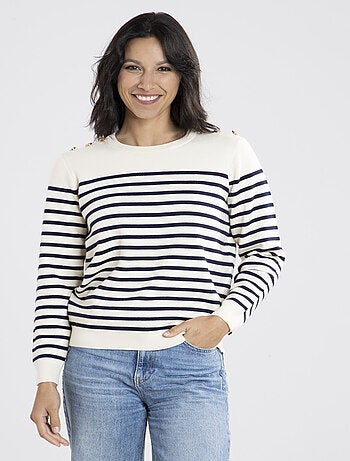 Pull Voile Ecru/marine Avec Col Rond | Gerard Pasquier