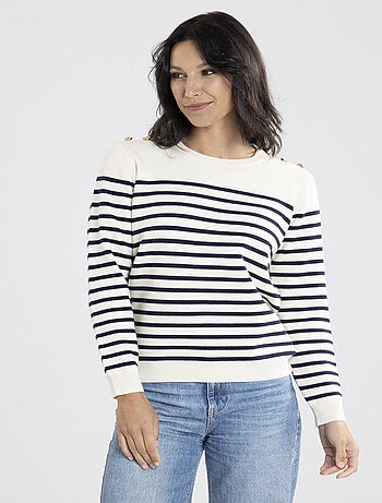 Pull Voile Ecru/marine Avec Col Rond | Gerard Pasquier