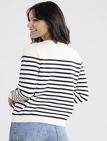 Pull Voile Ecru/marine Avec Col Rond | Gerard Pasquier