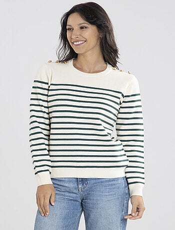 Pull Voile Ecru/Vert Pulls rond