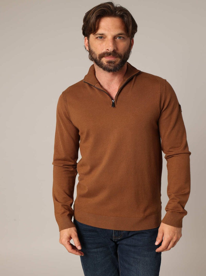 Pull zippé à col montant en maille fine  'Deeluxe' Marron - Kiabi