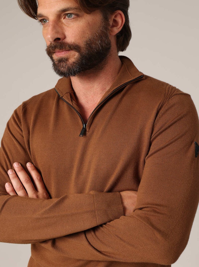 Pull zippé à col montant en maille fine
 'Deeluxe' Marron - Kiabi