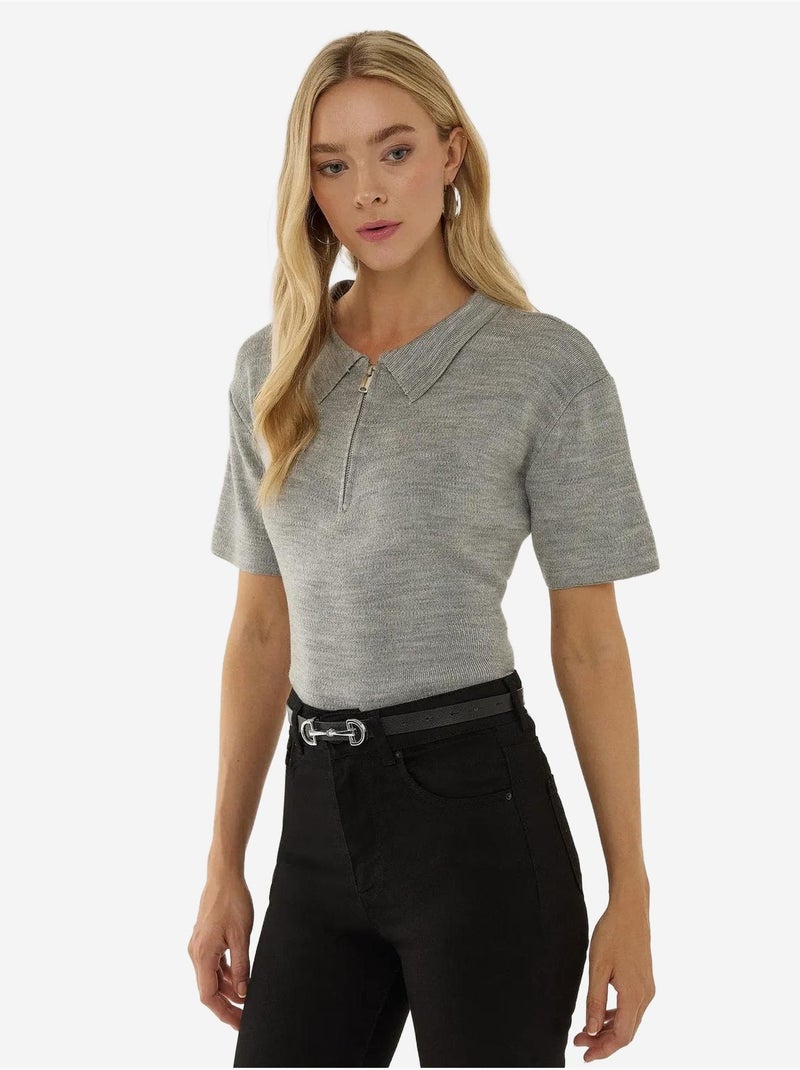 Pull zippé à col polo Gris - Kiabi