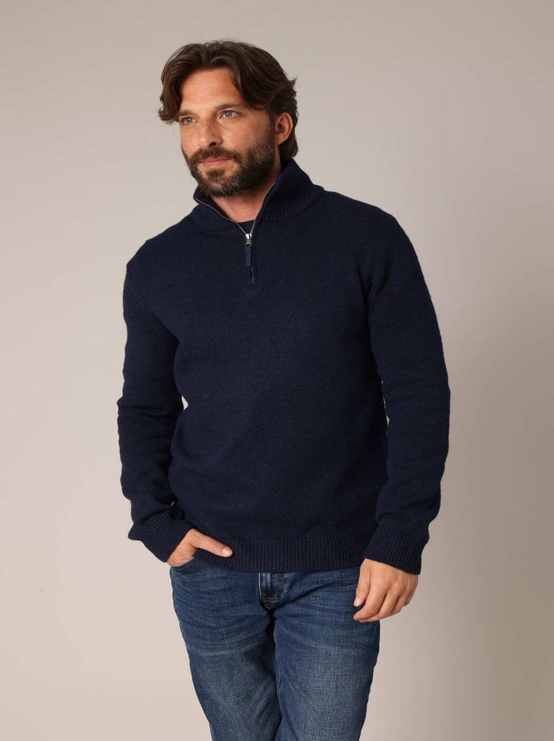 Pull zippé côtelé en maille douce et col montant
 'Deeluxe' Bleu marine - Kiabi