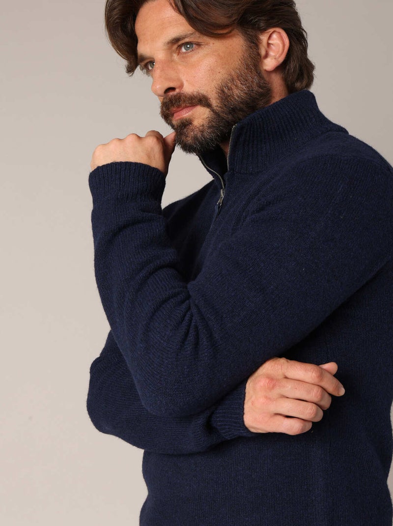 Pull zippé côtelé en maille douce et col montant 'Deeluxe' Bleu marine - Kiabi