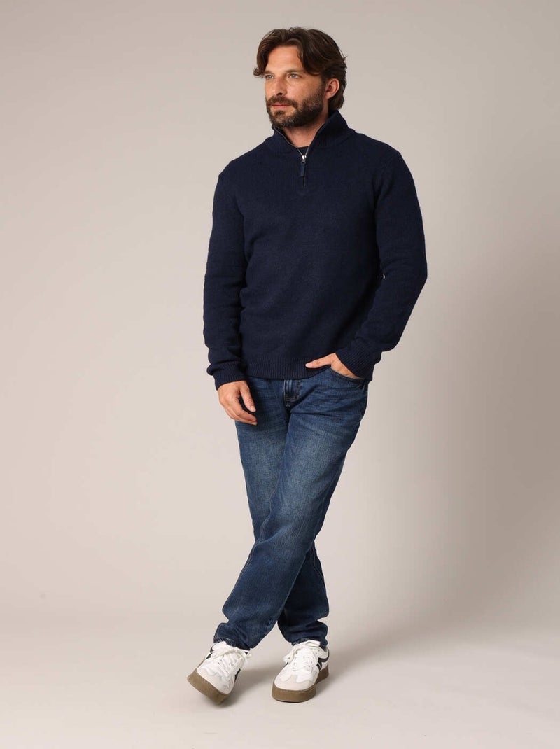 Pull zippé côtelé en maille douce et col montant 'Deeluxe' Bleu marine - Kiabi
