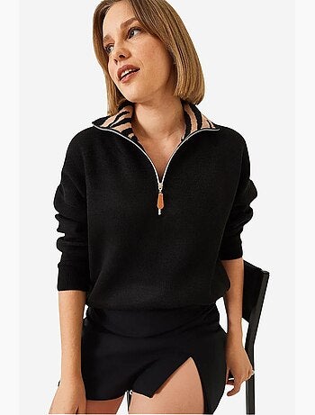 Pull zippé en maille avec col léopard lucci